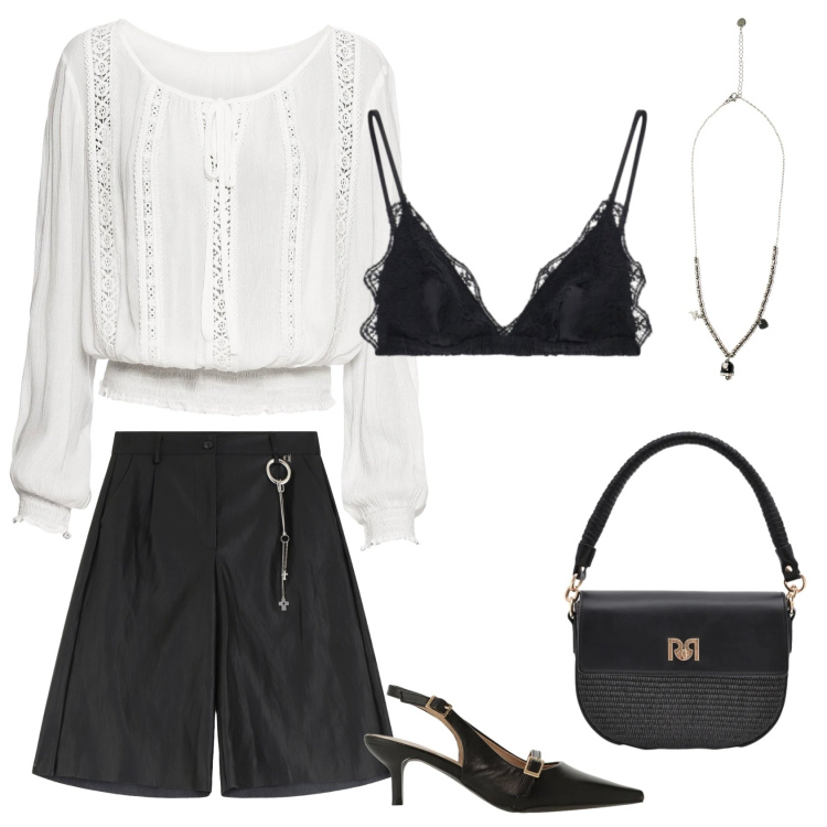 Outfit donna - Sexy chic. Stile Sexy per Serata fuori. Abbinamento con bluse, sandali col tacco, reggiseni, bermuda, ciondoli, borse a spalla.