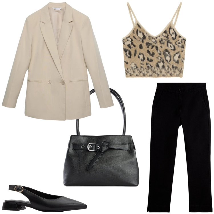 Outfit donna - Il blazer primaverile. Stile Casual chic per Tutti i giorni. Abbinamento con borse a mano, ballerine, blazer, top, pantaloni.