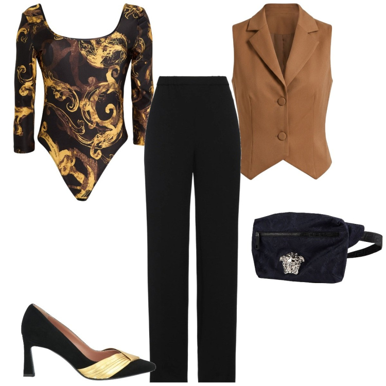 Outfit donna - Un body sapientemente utilizzato. Stile Trendy per Serata fuori. Abbinamento con pantaloni, décolleté, marsupi, body, gilet.