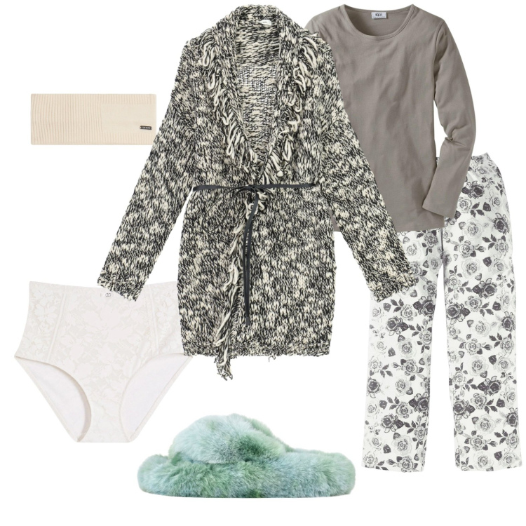 Outfit donna - Skin care e serie tv. Stile Casual per Tutti i giorni. Abbinamento con pigiama, culotte, cardigans, accessori per capelli, ciabatte.