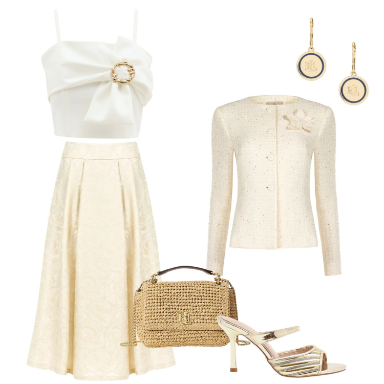 Outfit donna - Il battesimo. per Cerimonia. Abbinamento con gonne longuette, blazer, top, sabot, borse a spalla, orecchini.