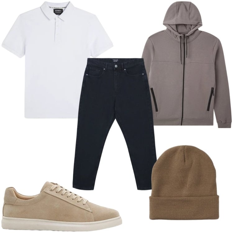 Outfit uomo - Total look #2363263. Stile Casual per Tutti i giorni. Abbinamento con sneakers, jeans, berretti, felpe con cappuccio, polo.