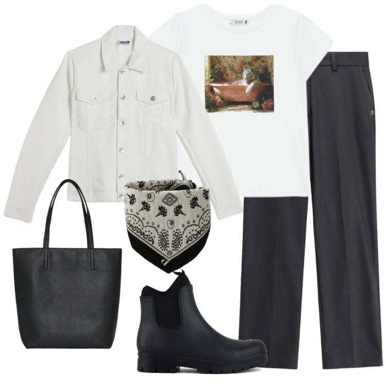 Outfit donna - Marzo pazzerello. Stile Casual per Scuola/Università. Abbinamento con borse tote, giacche, t-shirt, pantaloni, foulard, stivali.