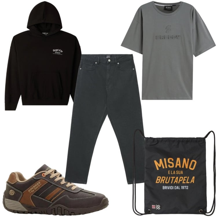 Outfit uomo - Total look #2363267. Stile Casual per Tutti i giorni. Abbinamento con sneakers, borse sportive, felpe con cappuccio, jeans, t-shirt.