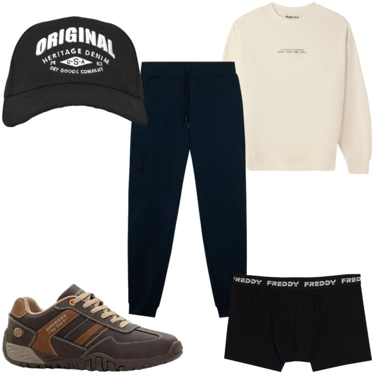 Outfit uomo - Total look #2363269. Stile Casual per Tutti i giorni. Abbinamento con sneakers, felpe, cappelli con visiera, pantaloni, boxer.