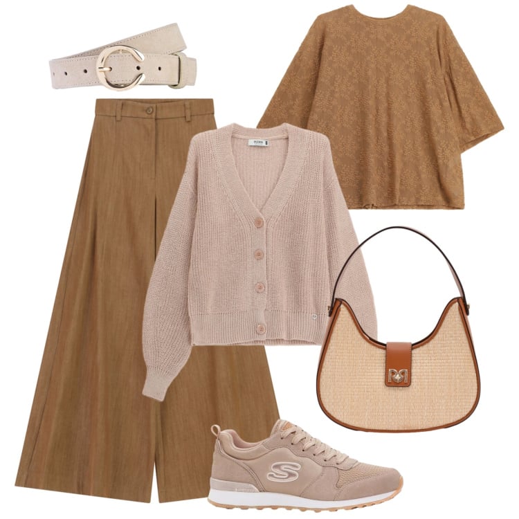 Outfit donna - Pizzo floreale. Stile Casual chic per Ufficio. Abbinamento con sneakers, cinture, cardigans, borse a spalla, bluse, pantaloni a palazzo.