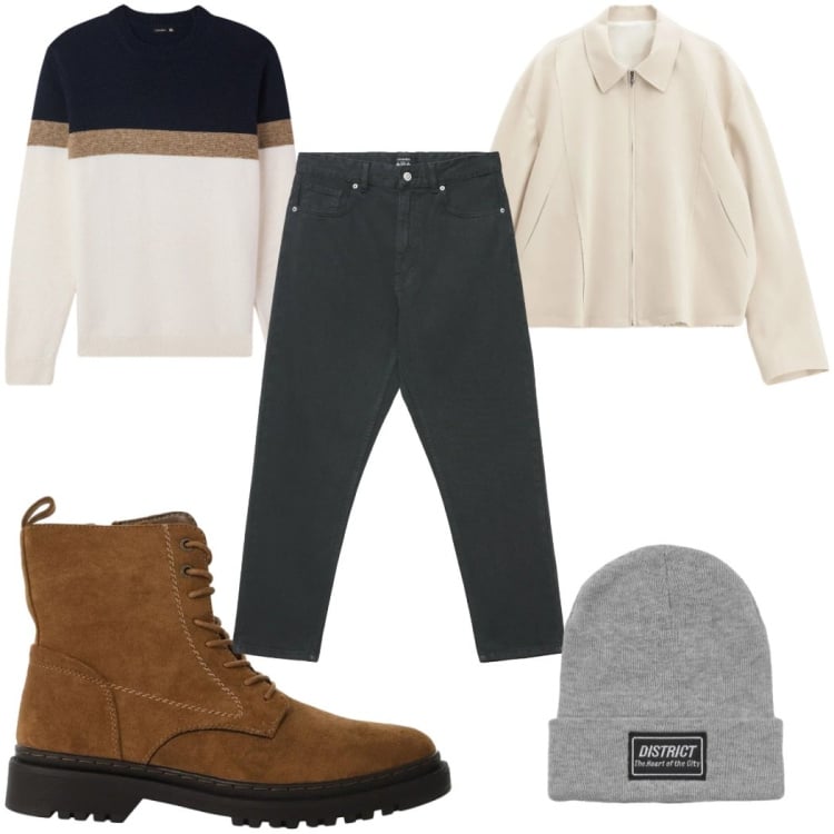 Outfit uomo - Total look #2363276. Stile Casual per Tutti i giorni. Abbinamento con cappotti, anfibi, berretti, jeans, maglieria.