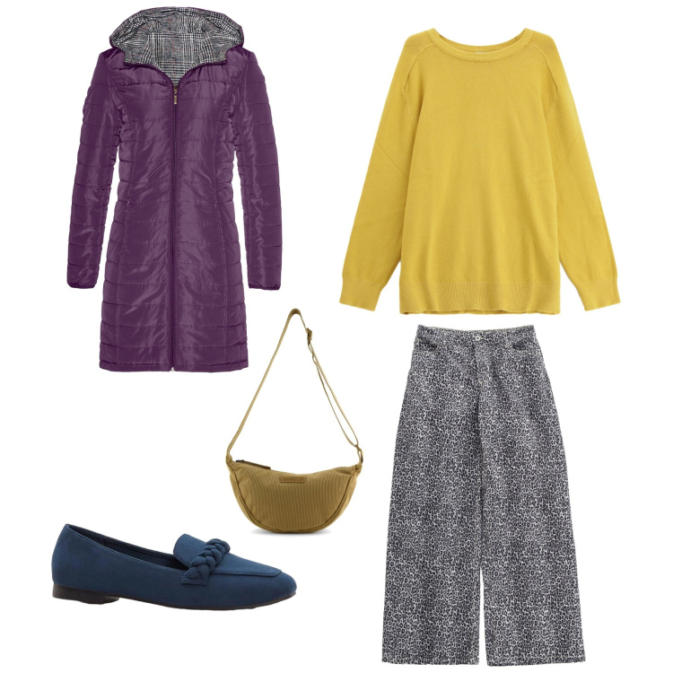 Outfit donna - Contrasto. Stile Minimal per Tutti i giorni. Abbinamento con blazer, mocassini, pullovers, pantaloni, borse a tracolla.