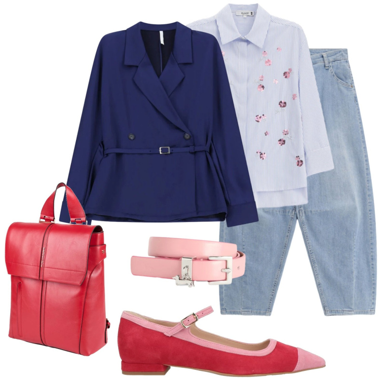 Outfit donna - Rosso e rosa. Stile Casual chic per Tutti i giorni. Abbinamento con ballerine, zaini, cinture, blazer, jeans, camicie.