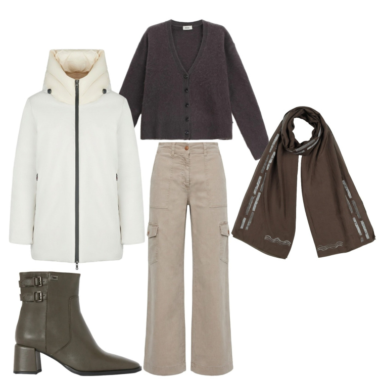 Outfit donna - Ultimi freddi in saldo. Stile Minimal per Tutti i giorni. Abbinamento con sciarpe, stivaletti, pantaloni cargo, cardigans, eskimo.
