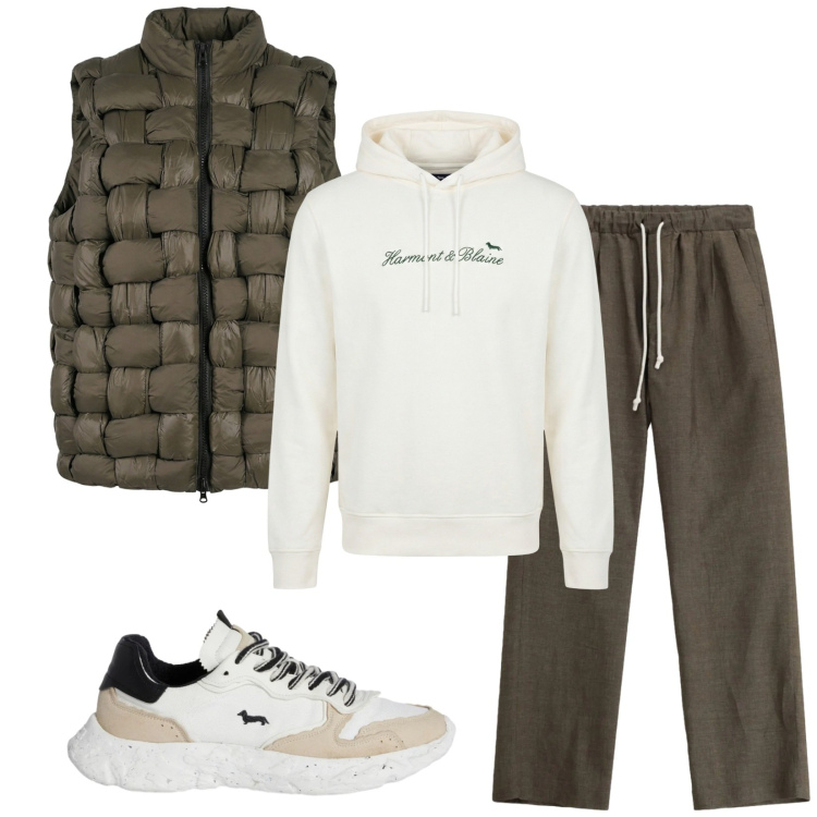 Outfit uomo - Total look #2363301. Stile Urban per Tutti i giorni. Abbinamento con sneakers, felpe con cappuccio, pantaloni, gilet.