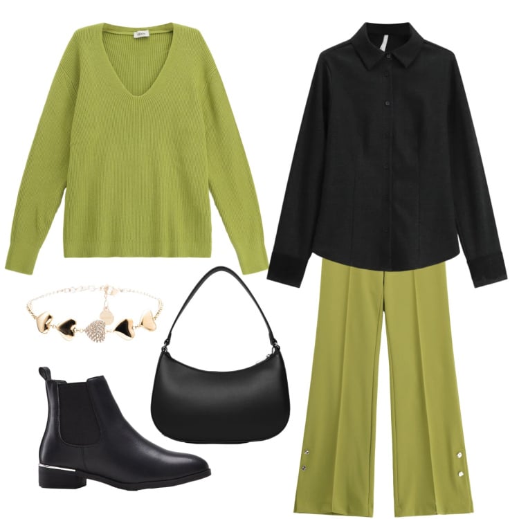 Outfit donna - Di nero e verde. Stile Urban per Ufficio. Abbinamento con stivaletti, borse a tracolla, pantaloni, camicie, maglieria, braccialetti.
