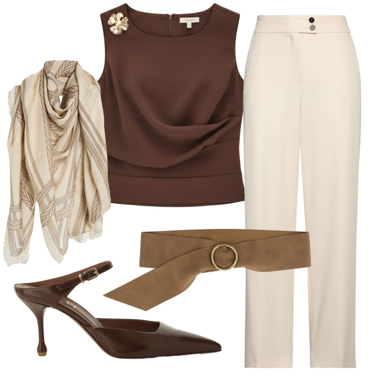 Outfit donna - Total look #2363312. Stile Chic per Cerimonia. Abbinamento con sciarpe, pantaloni, cinture, décolleté, top.
