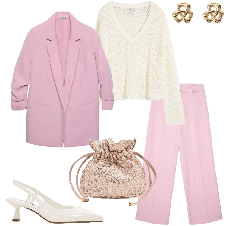 Outfit donna - Stile primaverile. Stile Casual chic per Serata fuori. Abbinamento con décolleté, maglieria, blazer, pantaloni, orecchini, pochette.