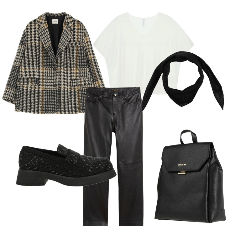 Outfit donna - Mi vesto a strati. Stile Mannish per Ufficio. Abbinamento con sciarpe, zaini, mocassini, pantaloni, top, blazer.