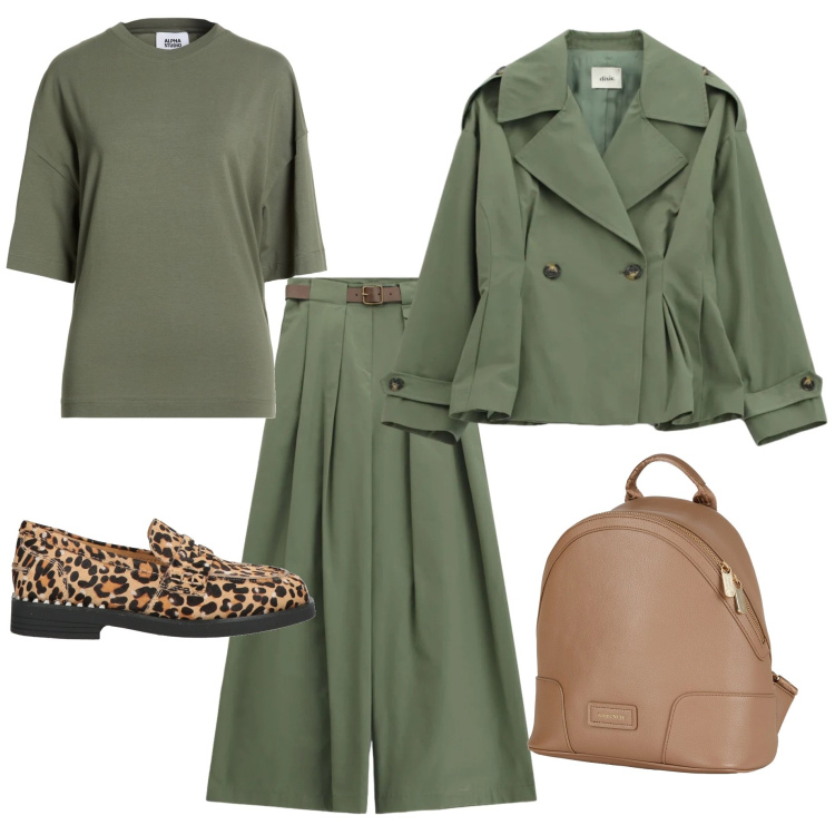 Outfit donna - Verde salvia in ufficio. Stile Trendy per Ufficio. Abbinamento con zaini, mocassini, t-shirt, pantaloni a palazzo, blazer.