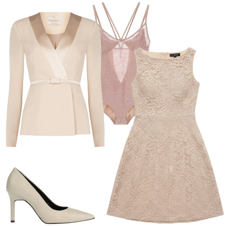 Outfit donna - Stile romantico primaverile. Stile Romantica per Cerimonia. Abbinamento con décolleté, body, blazer, vestiti corti.