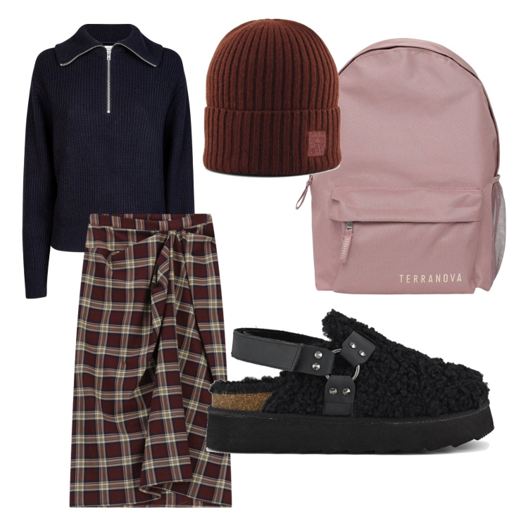 Outfit donna - A fare la spesa. Stile Casual per Tutti i giorni. Abbinamento con gonne longuette, sabot, maglieria, zaini, berretti.