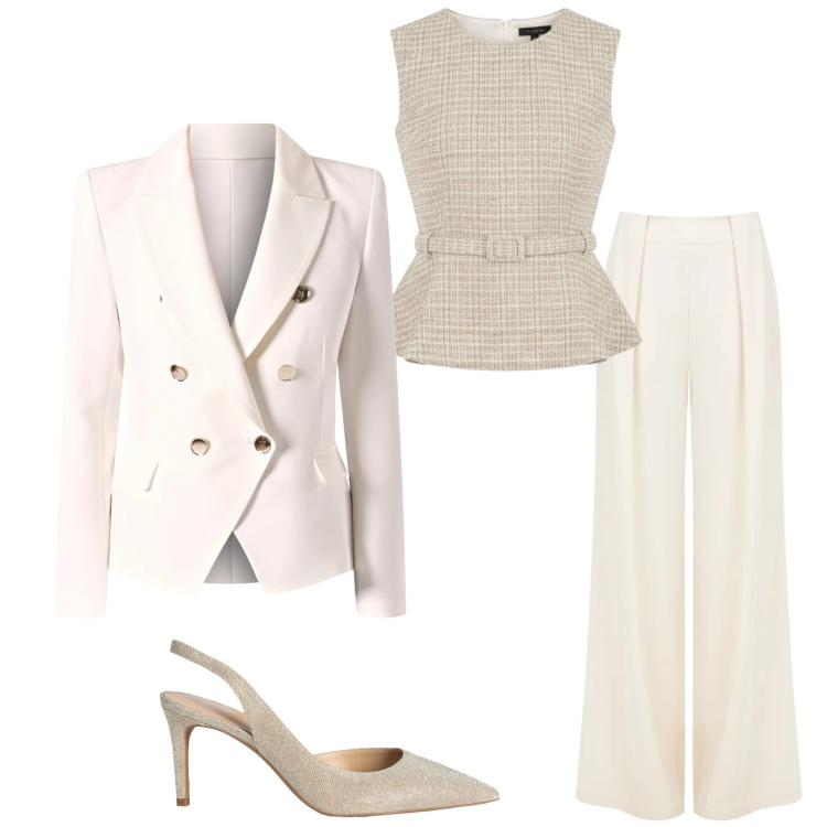 Outfit donna - Stile romantico primaverile. Stile Chic per Cerimonia. Abbinamento con décolleté, blazer, pantaloni a palazzo, top.