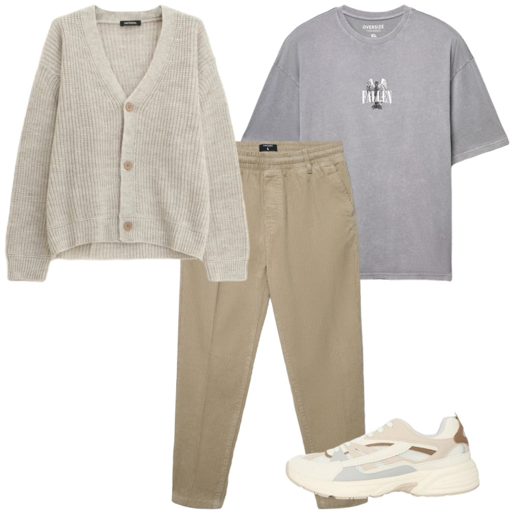 Outfit uomo - Polveroso. Stile Casual per Tutti i giorni. Abbinamento con pantaloni, sneakers, t-shirt, cardigans.