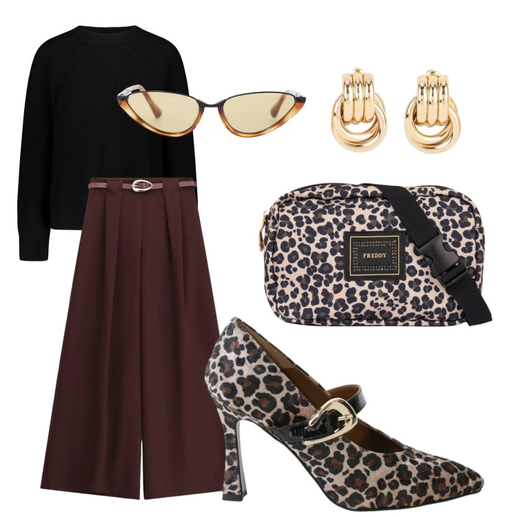 Outfit donna - A pranzo con lui. Stile Casual chic per Serata fuori. Abbinamento con orecchini, occhiali da sole, pantaloni a palazzo, décolleté, marsupi, maglieria.