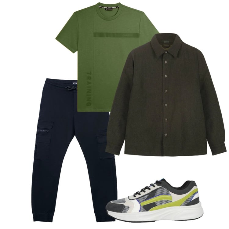 Outfit uomo - Primavera. Stile Casual per Tutti i giorni. Abbinamento con pantaloni cargo, sneakers, t-shirt, cappotti.