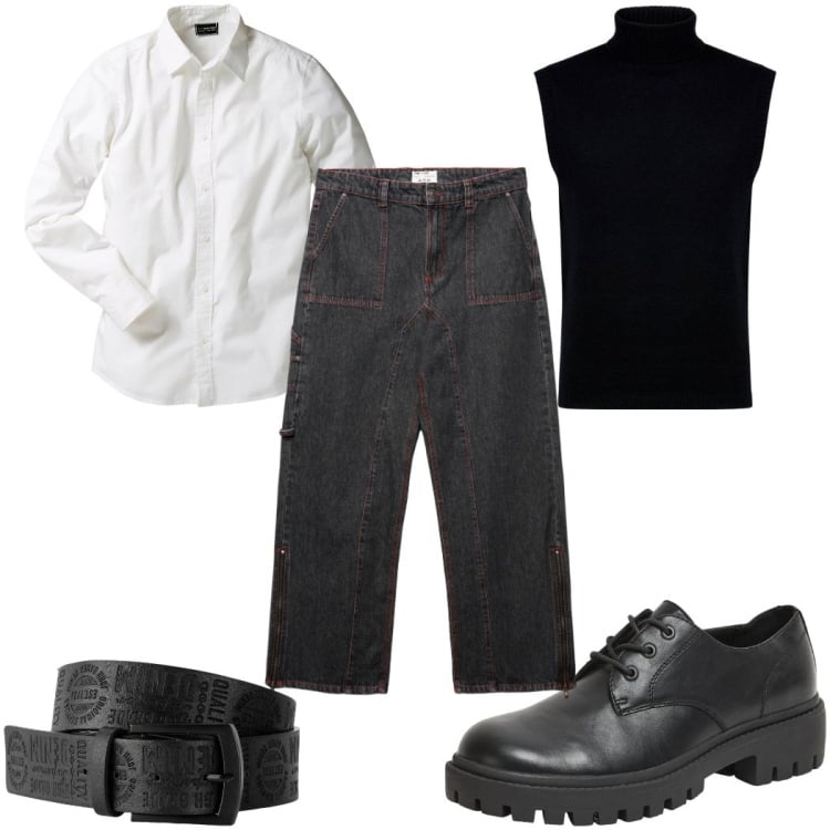 Outfit uomo - Total look #2363344. Stile Casual per Tutti i giorni. Abbinamento con camicie, cinture, scarpe stringate, jeans dritti, gilet.