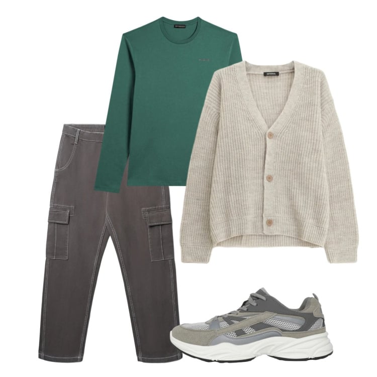 Outfit uomo - Marzo. Stile Casual per Tutti i giorni. Abbinamento con sneakers, pantaloni cargo, cardigans, t-shirt.