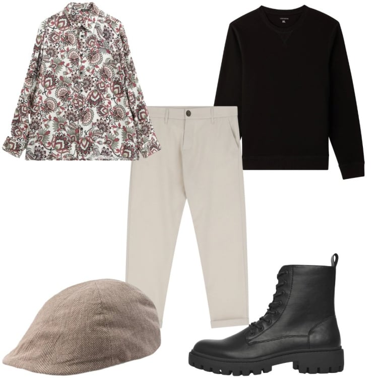 Outfit uomo - Total look #2363348. Stile Trendy per Tutti i giorni. Abbinamento con anfibi, felpe, pantaloni chino, camicie, cappelli e berretti.