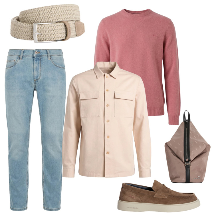 Outfit uomo - Casual Chic in Pastello. Stile Urban per Tutti i giorni. Abbinamento con jeans slim fit, scarpe stringate, cinture, pullovers, borse sportive, cappotti.