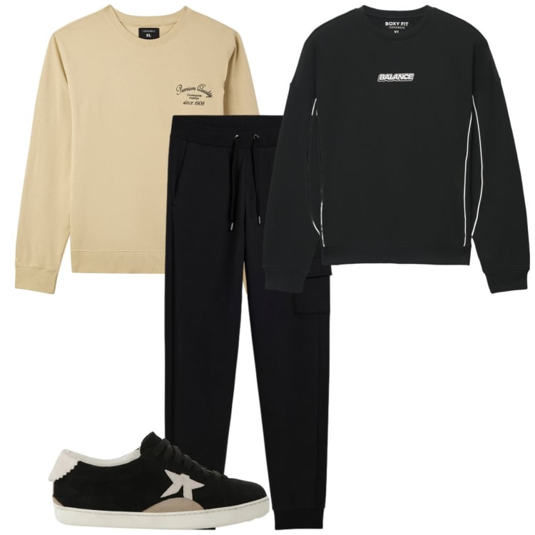Outfit uomo - Sport. Stile Casual per Sport. Abbinamento con felpe, felpe, sneakers, pantaloni cargo.
