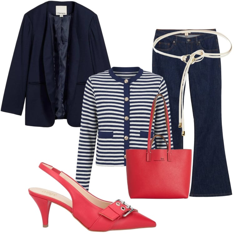 Outfit donna - Dress day code. Stile Urban per Tutti i giorni. Abbinamento con décolleté, cinture, jeans a zampa, blazer, shopping bag, cardigans.