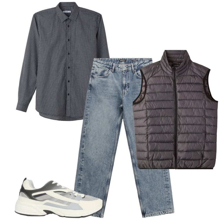 Outfit uomo - Lo smanicato. Stile Casual per Tutti i giorni. Abbinamento con piumini, camicie, sneakers, jeans dritti.