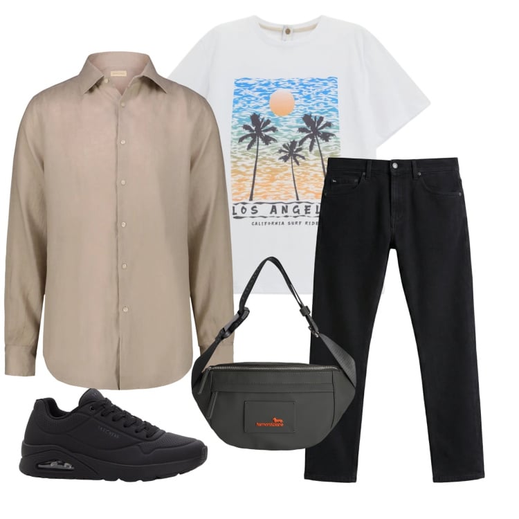 Outfit uomo - California Dream. Stile Urban per Tutti i giorni. Abbinamento con sneakers, borse sportive, jeans, t-shirt, camicie.