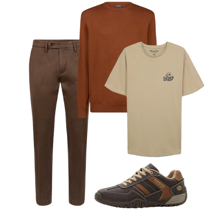 Outfit uomo - Marzo. Stile Casual per Tutti i giorni. Abbinamento con sneakers, pantaloni chino, maglieria, t-shirt.