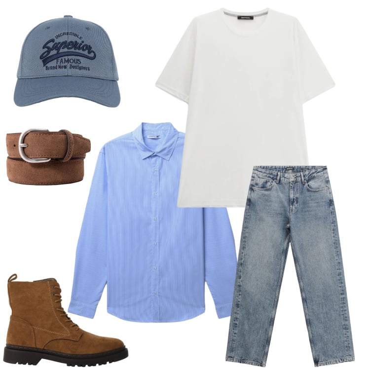 Outfit uomo - Il Fascino del Denim e del Suede. Stile Urban per Tutti i giorni. Abbinamento con cappelli con visiera, camicie, jeans dritti, t-shirt, anfibi, cinture.