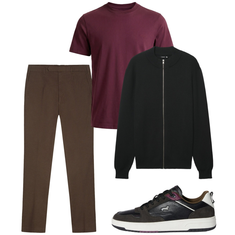 Outfit uomo - Fine settimana. Stile Casual per Tutti i giorni. Abbinamento con cardigans, sneakers, t-shirt, pantaloni.