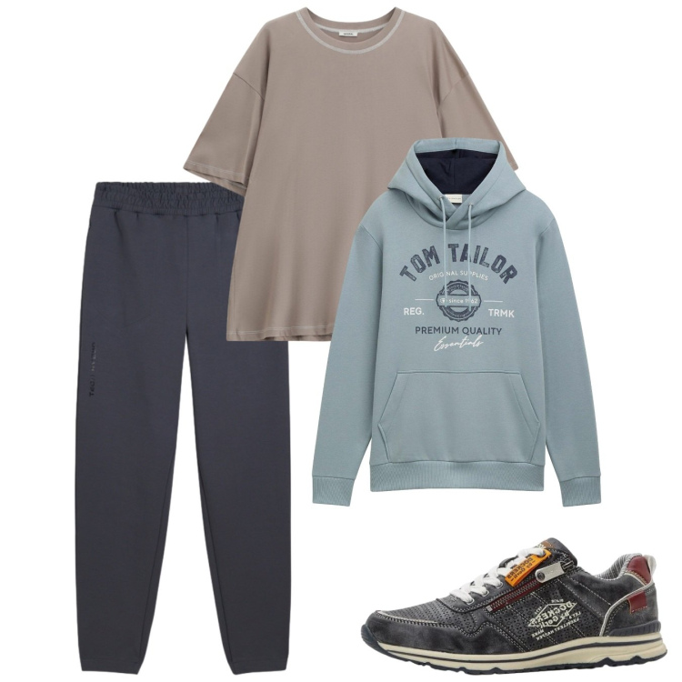 Outfit uomo - Azzurro polvere. Stile Urban per Tutti i giorni. Abbinamento con felpe con cappuccio, sneakers, t-shirt, pantaloni.