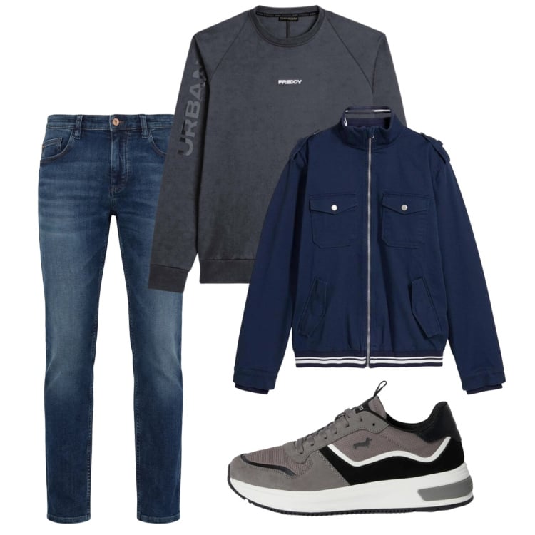 Outfit uomo - Giornata fresca. Stile Casual per Tutti i giorni. Abbinamento con giacche, jeans, sneakers, felpe.