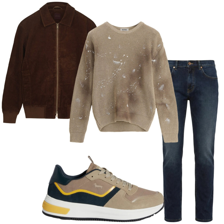 Outfit uomo - Alleggerirsi. Stile Casual per Tutti i giorni. Abbinamento con sneakers, jeans, maglieria, giacche.