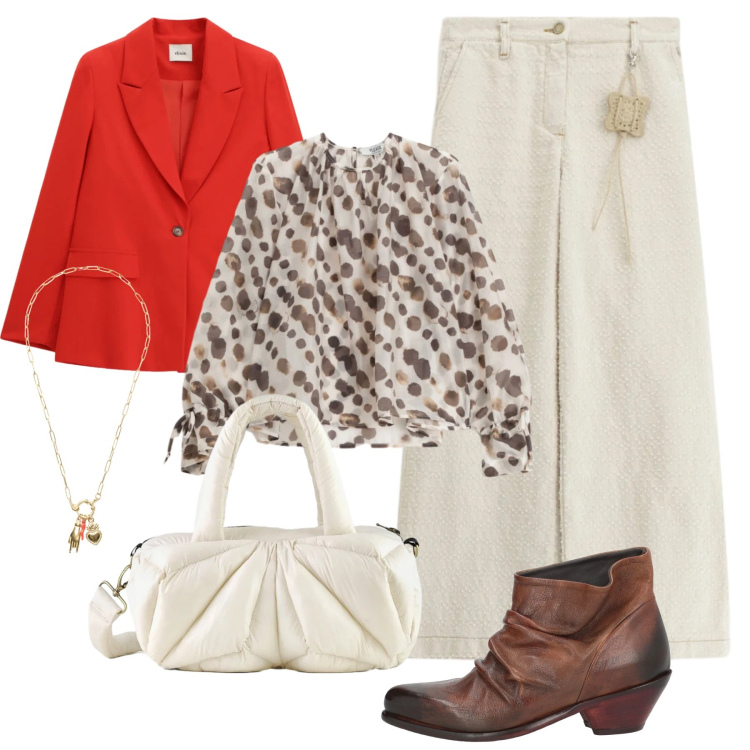 Outfit donna - Praticità primaverile. Stile Casual chic per Tutti i giorni. Abbinamento con stivaletti texani, blazer, ciondoli, bluse, pantaloni a palazzo, borse a mano.