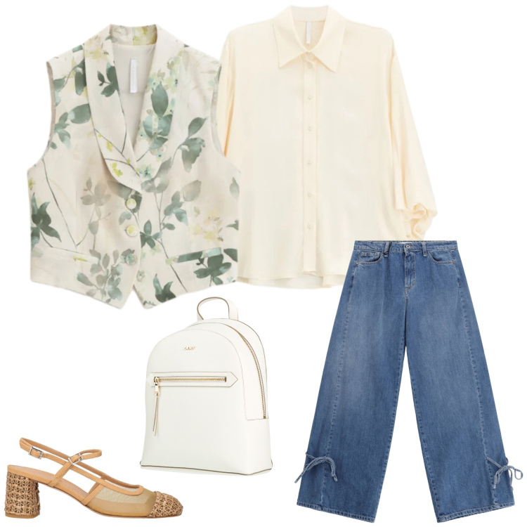 Outfit donna - Botanical Chic. Stile Casual chic per Tutti i giorni. Abbinamento con zaini, décolleté, gilet, camicie, jeans.