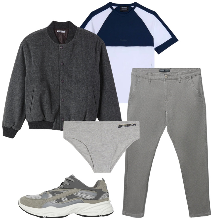 Outfit uomo - Total look #2363405. Stile Trendy per Tutti i giorni. Abbinamento con sneakers, pantaloni chino, bomber, t-shirt, slip.