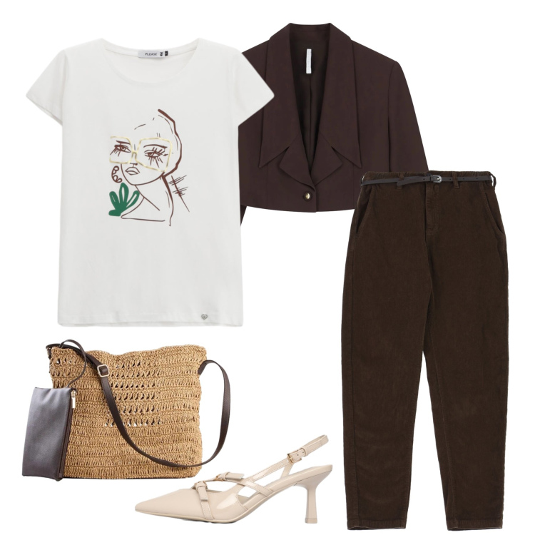 Outfit donna - Artistic Earth. Stile Casual chic per Tutti i giorni. Abbinamento con borse a tracolla, décolleté, blazer, t-shirt, pantaloni chino.