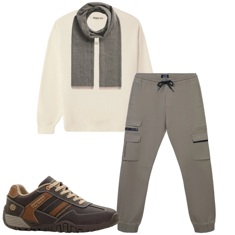 Outfit uomo - Total look #2363410. Stile Trendy per Tutti i giorni. Abbinamento con sneakers, sciarpe, pantaloni cargo, felpe.