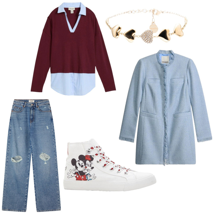 Outfit donna - Total look #2363417. Stile Casual per Tutti i giorni. Abbinamento con sneakers alte, maglieria, blazer, jeans strappati, braccialetti.