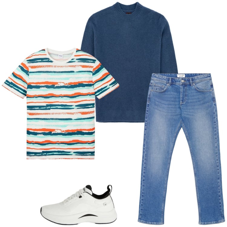 Outfit uomo - Total look #2363418. Stile Casual per Tutti i giorni. Abbinamento con t-shirt, jeans, sneakers, maglieria.