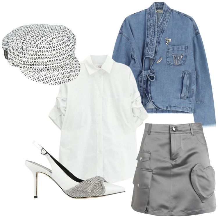 Outfit donna - Giacca jeans con fiocco. Stile Casual chic per Tutti i giorni. Abbinamento con décolleté, cappelli con visiera, minigonne, camicie, blazer.