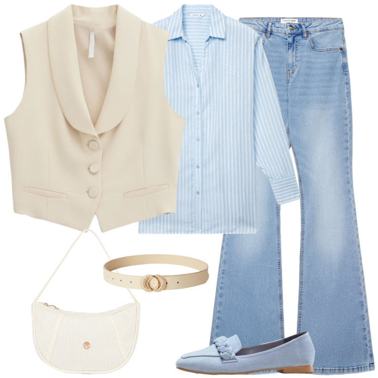 Outfit donna - Azzurro Pastello e Libertà. Stile Romantica per Tutti i giorni. Abbinamento con mocassini, cinture, jeans a zampa, camicie, gilet, borse a mano.