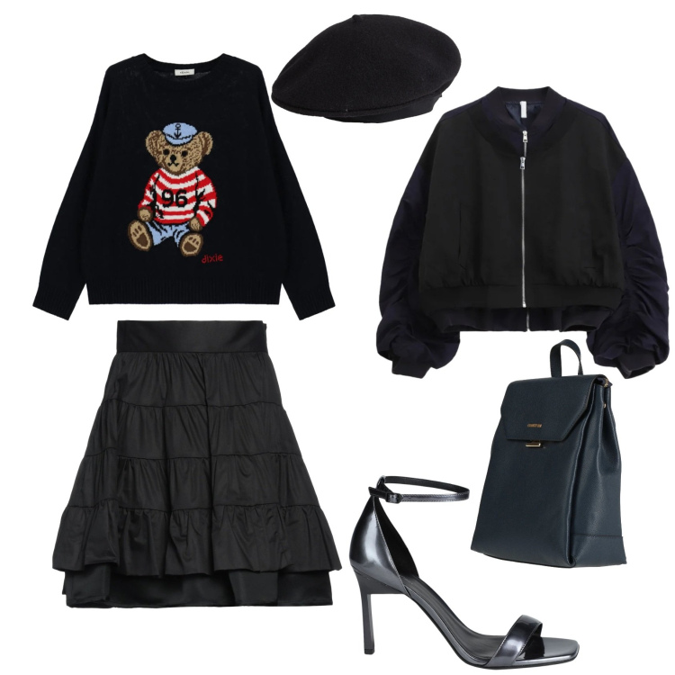 Outfit donna - Noir is chic. Stile Glamour per Serata fuori. Abbinamento con cappelli e berretti, minigonne, zaini, sandali in pelle, bomber, maglieria.